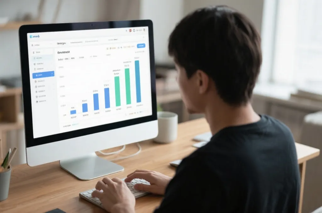 用户在电脑前审阅平台排行榜，桌面场景