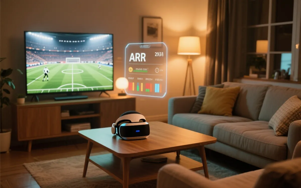 客厅沉浸式观赛场景，AR数据叠加与VR视角切换