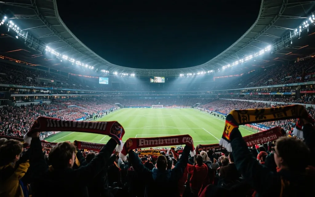 新泽西大型足球场内的观众席与灯光，球迷举围巾、屏幕互动，世界杯比赛氛围