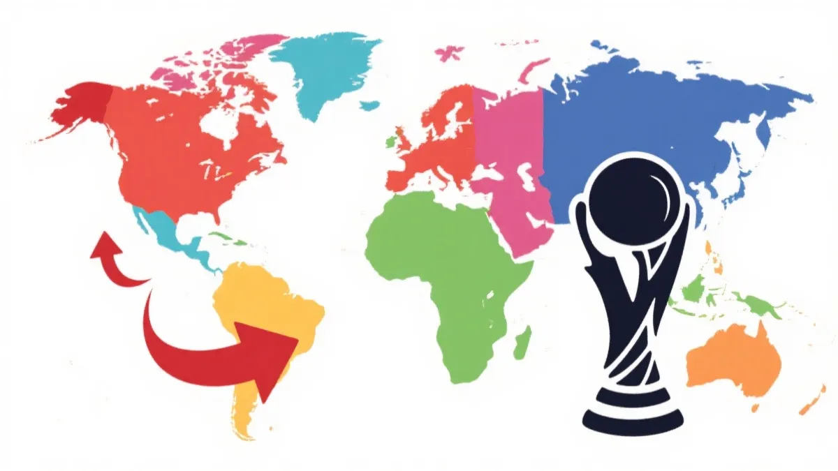 世界杯预选赛地图概念图：六大洲不同色块与箭头指向决赛圈